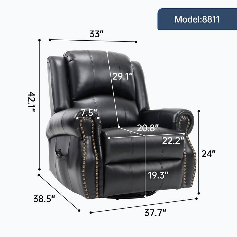 Roomfitters Swivel Rocker Recliner Chair with Heat and Massage Manual Reclining Fabric Lounge Sofa for Living Room, Black