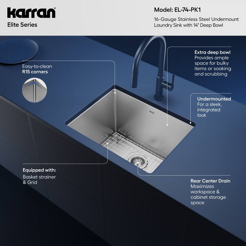 Karran Elite EL-74-PK1 Undermount 23" Single Bowl Stainless Steel Kitchen Sink