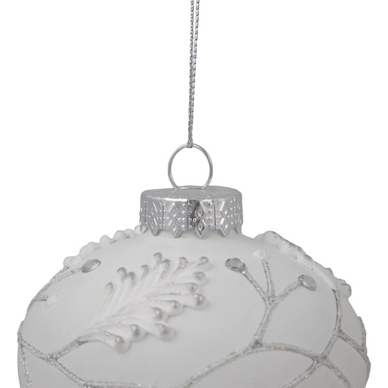 White and Silver Leaves Glass Onion Christmas Ornament - 3.5"