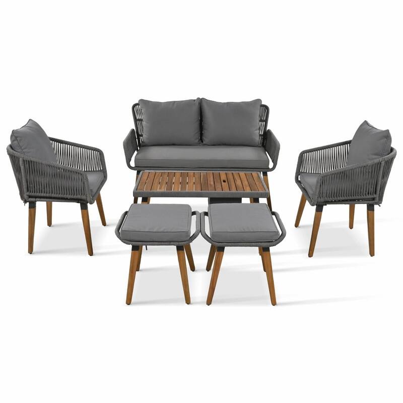6-Piece Rope Patio Furniture Set with Acacia Wood Cool Bar Table