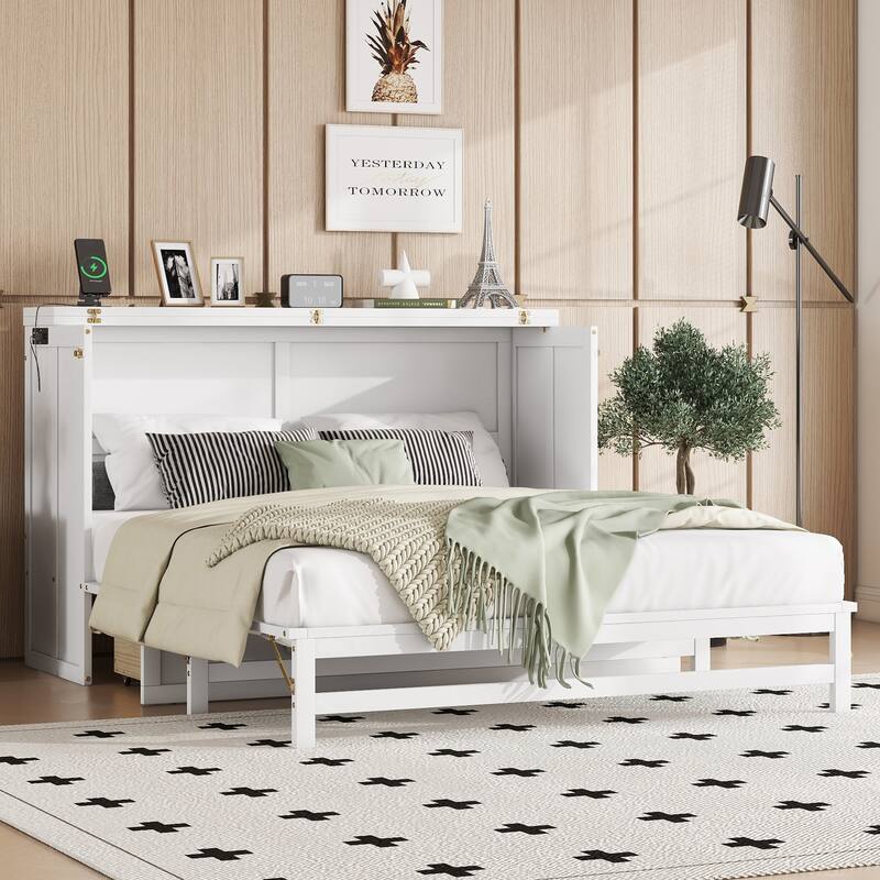 Murphy Bed Cabinet Queen with Storage Drawer and Charging Station, USB Port, Solid Pine Murphy Bedframe for Home Office - White