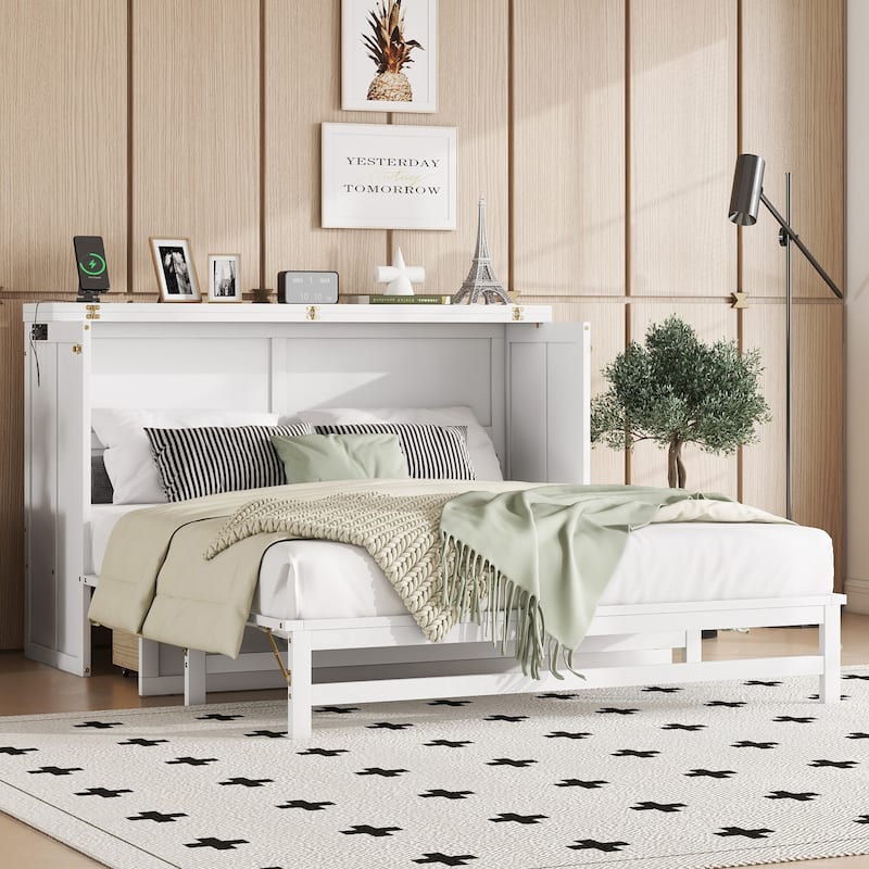Roomfitters Queen Murphy Bed Cabinet with Storage Compartment, Charging Station with USB, Solid Pine Wall Bed - White - Queen