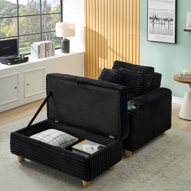 Black Corduroy Single Sofa with Storage and Pillows, 57x41x31 inches - Multi-Color