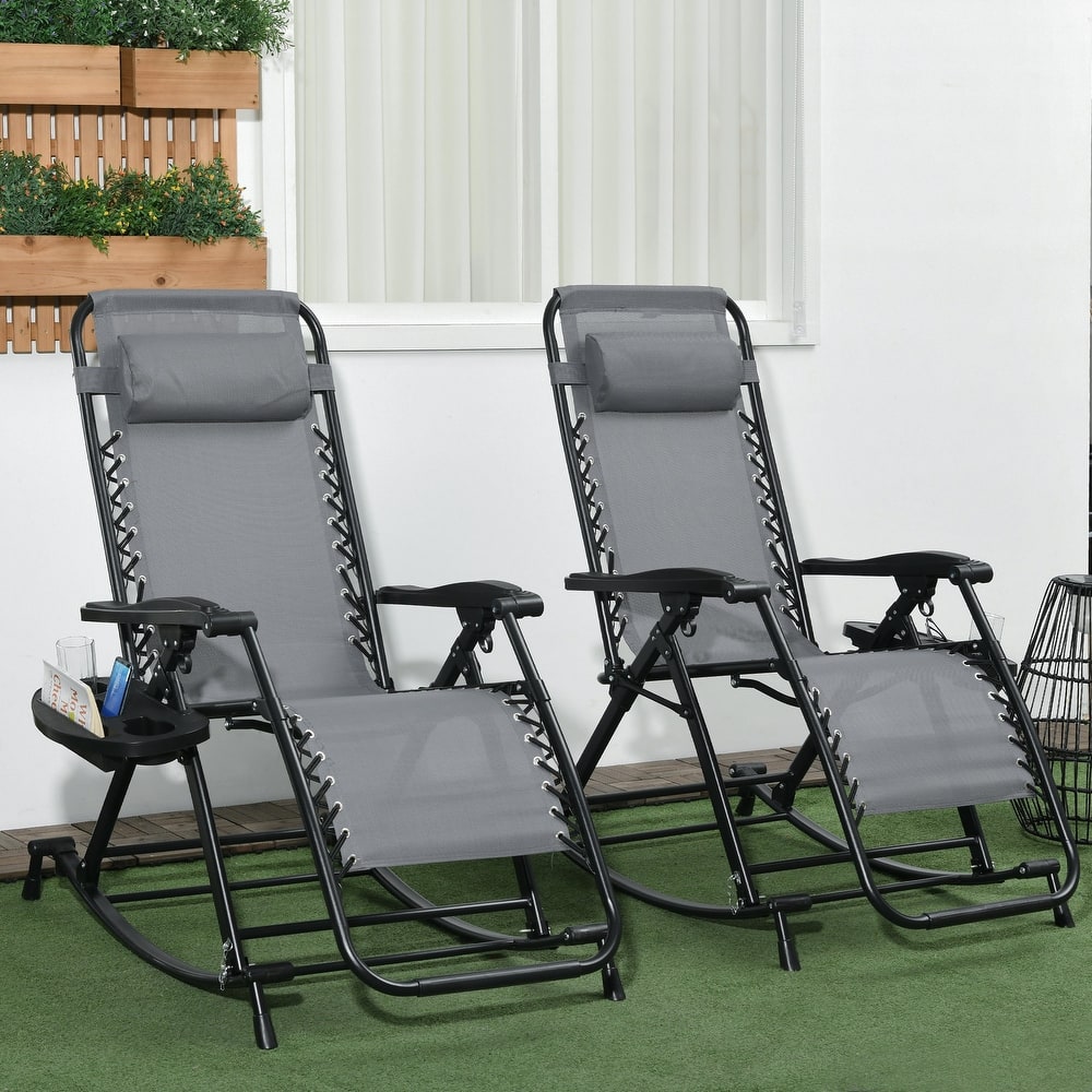 Outsunny 2 Pieces Outdoor Rocking Chairs, Foldable Reclining Zero Gravity Lounge Rocker