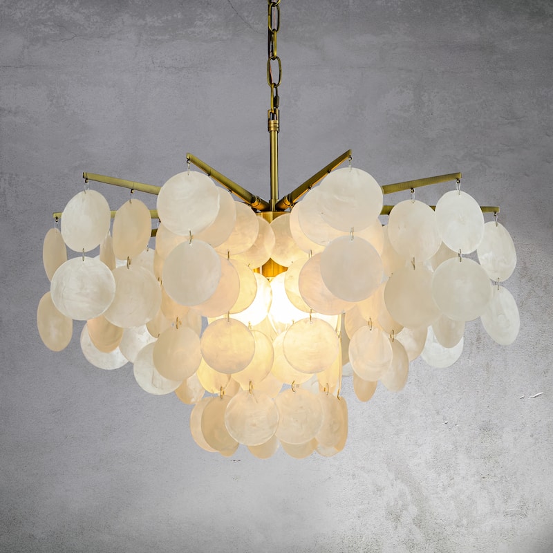 CraftHome Modern Coastal Tier Capiz Shell Chandelier in Antique Gold