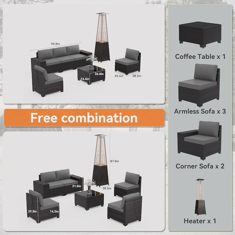 Outdoor Patio Furniture Set, All Weather PE Wicker Sectional Conversion Sofa set with Firepit(Optional)
