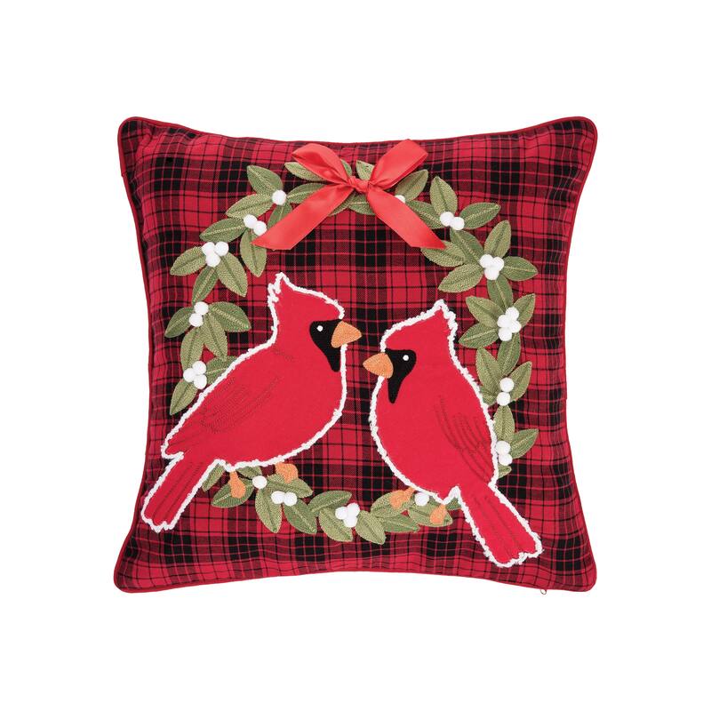 Christmas Cardinal Plaid Wreath Pillow
