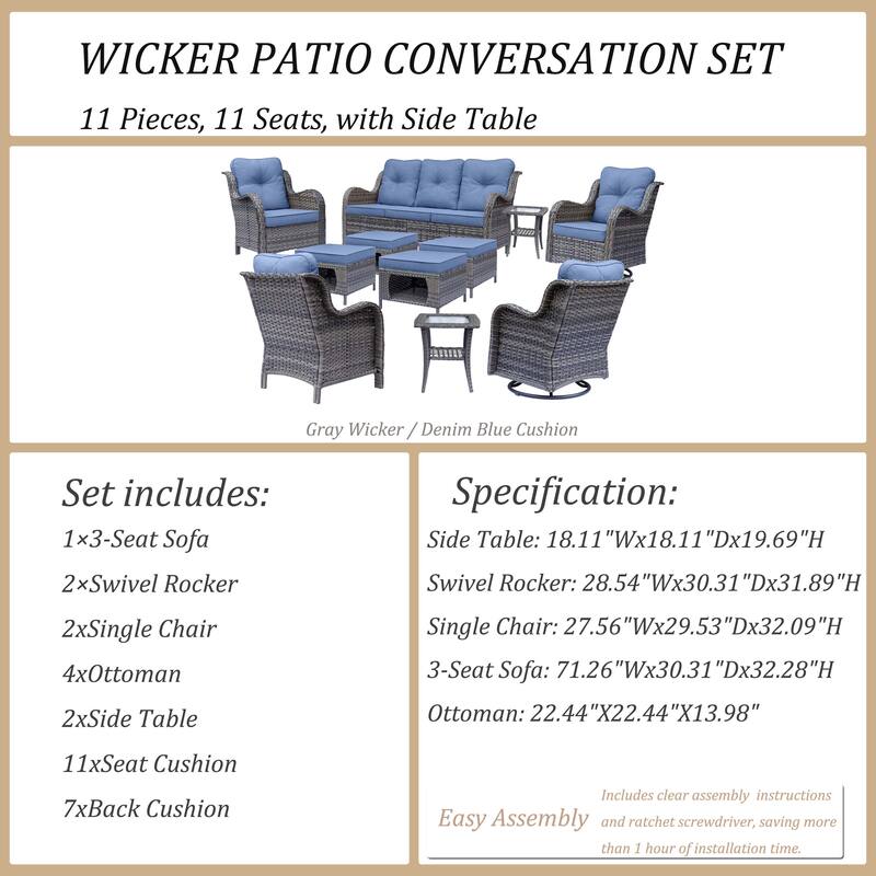 11 Piece Outdoor Wicker Patio Conversation Furniture Swivel Chairs Set