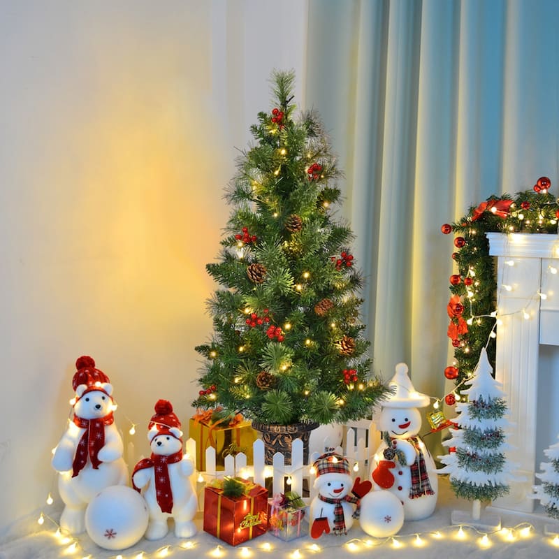 Costway 3/4/5 ft Pre-Lit Christmas Entrance Tree In Urn with 40/60/100
