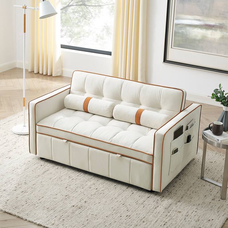 Velvet Sofa Bed with Adjustable Back and Storage Pockets, Multifunctional Sleeper Sofa