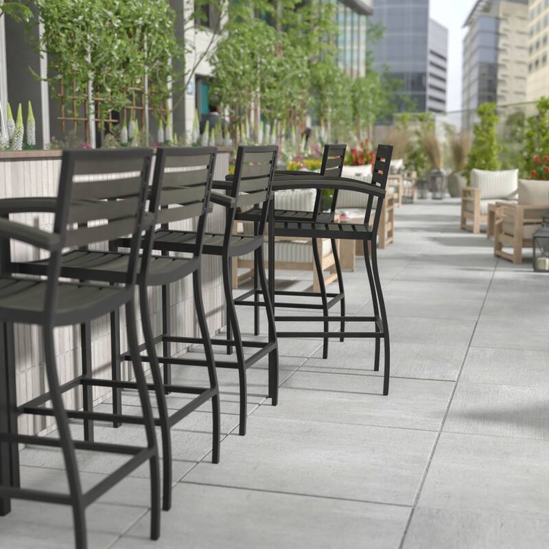 Commercial Grade Outdoor Bar Stool with Armrests and Poly Resin Slats