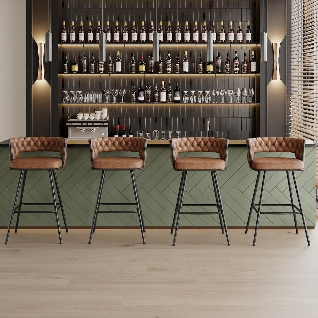 VECELO Counter Height Bar Stools with Woven Backrest 26.77" Seat Height Mid-Century Modern Upholstered Bar Chairs for Kitchen