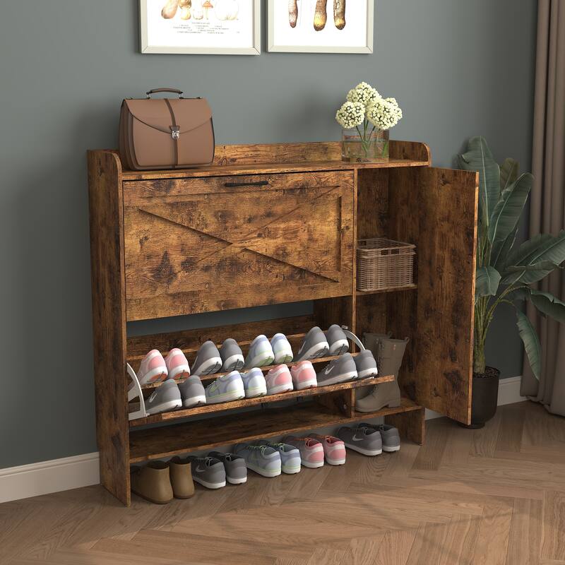 Shoe Storage Cabinet with 2 Flip Drawers, Freestanding Organizer with Metal Legs for Entryway, Narrow Shoe Rack Cabinet