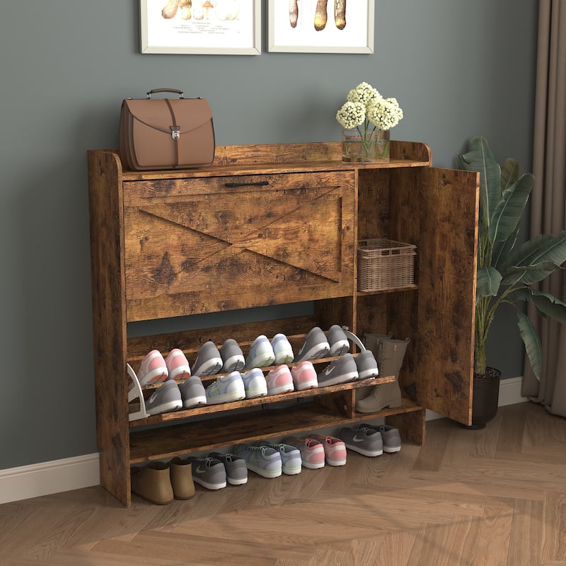 Shoe Storage Cabinet with 2 Flip Drawers & Mirror, Freestanding Organizer, Narrow Shoe Rack Cabinet with Adjustable Shelves
