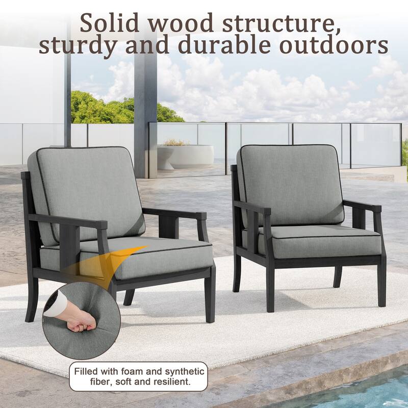 Set of 2 Outdoor Teak Wood Armchairs with Cushions, Patio Club Chairs