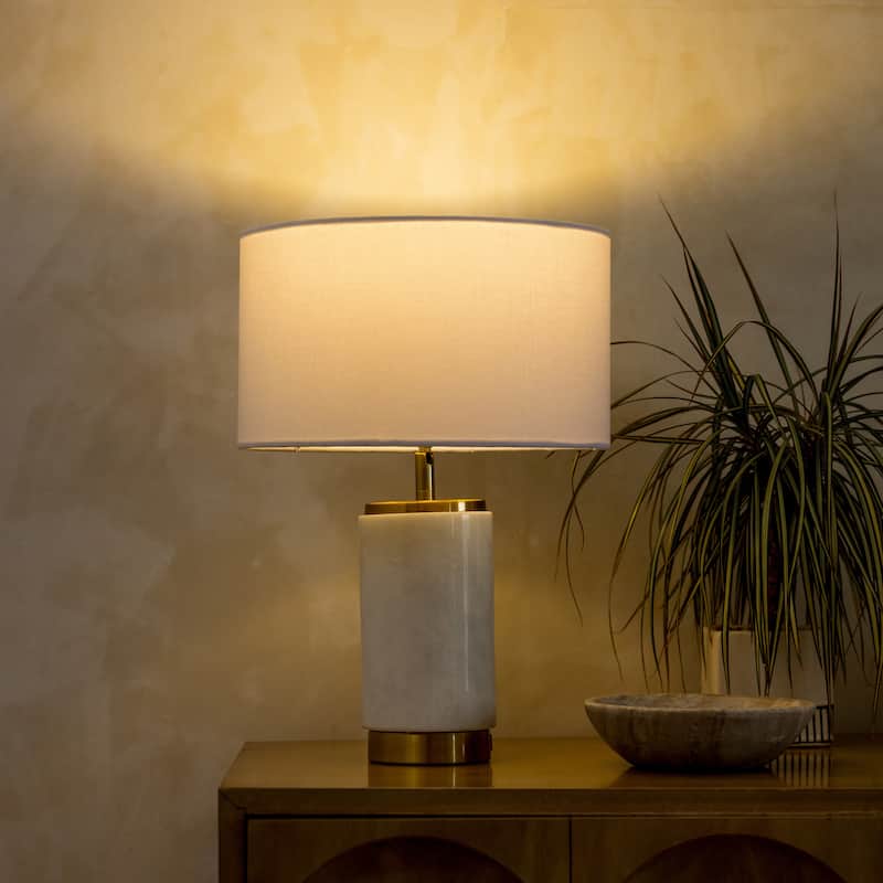 Brightech Arden 17 in. Marble Mid-Century Modern LED Table Lamp with Fabric Drum Shade and Built-In Charging Port