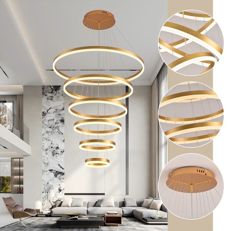 Modern Ring LED Chandelier Large Circle Pendant Light for High Ceilings, Dimmable with Remote - 6 Rings