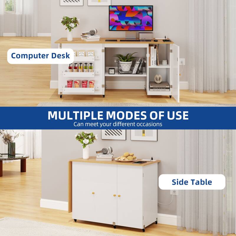 Moasis Folding Sewing Craft Table Computer Desk with Charger Charging Station & Storage Shelves Cabinet