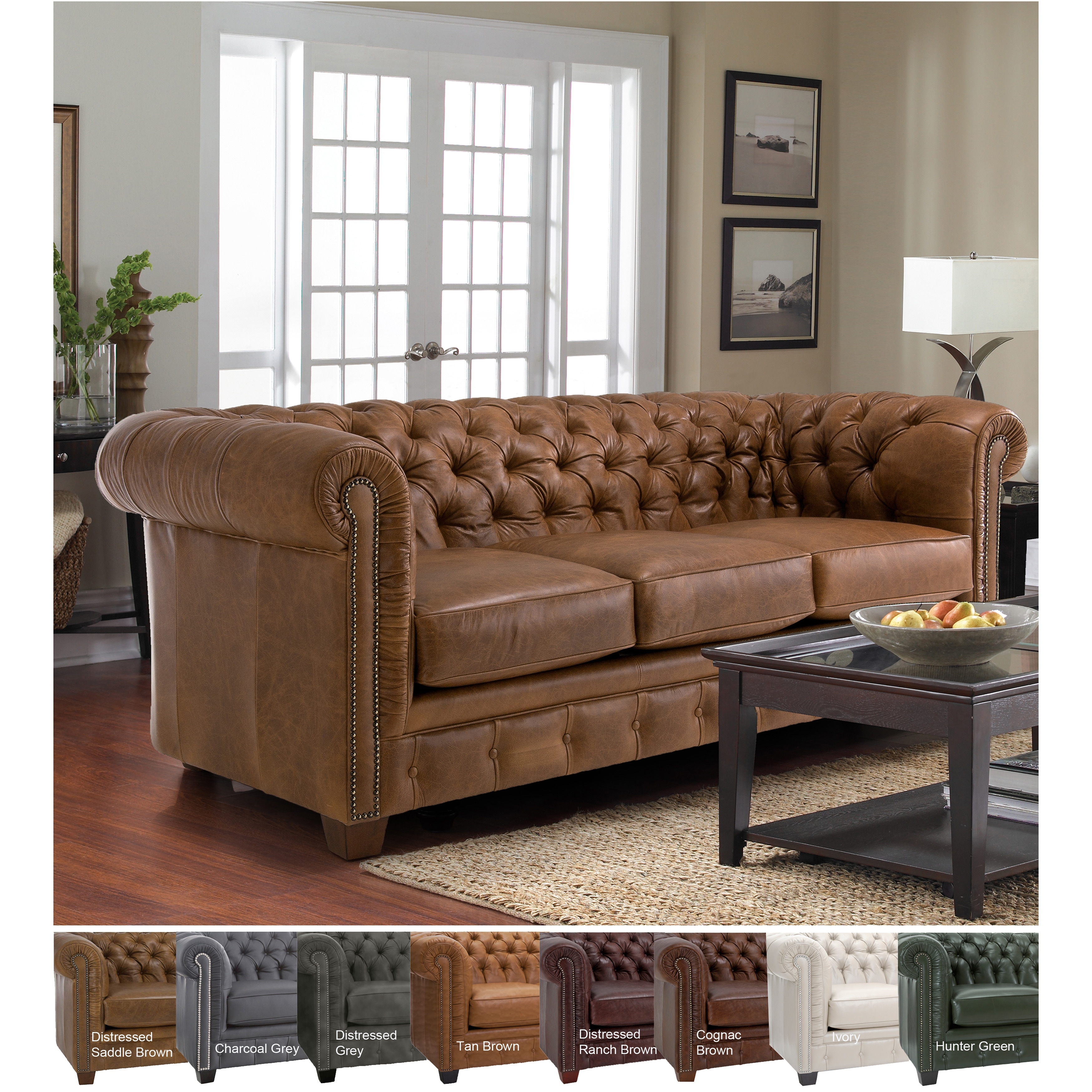 Hancock Tufted Top Grain Italian Leather Chesterfield Sofa - 31" H x 86" W x 40" D
