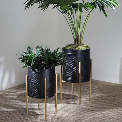S/2 AZTEC Planter on Metal Stand, BLACK/GOLD