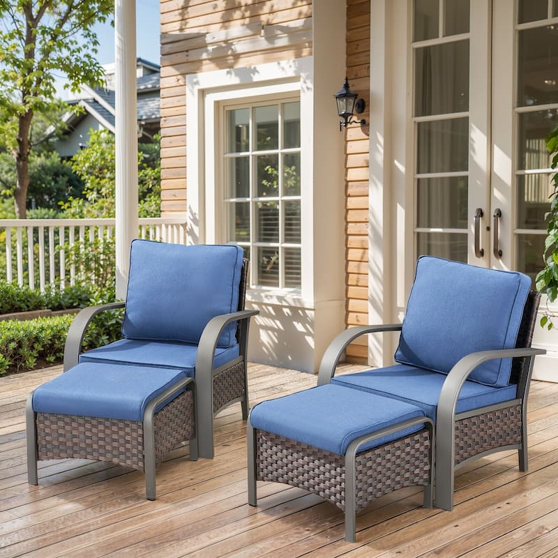 Pocassy Outdoor Sofa PE Wicker Furniture Set - Blue Cushion - 4PCS Patio Chairs with Ottoman