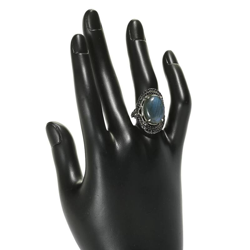 925 Sterling Silver 18x13mm Oval Labradorite, Black Spinal Ring