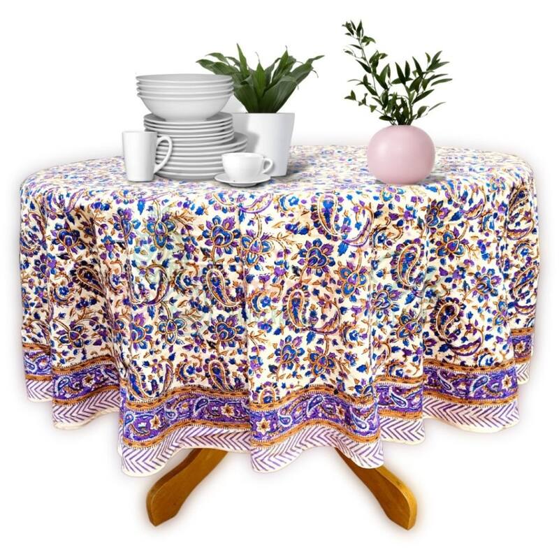 Block Print Tablecloth Round, Floral Paisley Love Purple - Paisley Elephant Purple Gold Blue - 72 in. Round - Paisley Elephant Purple Gold Blue