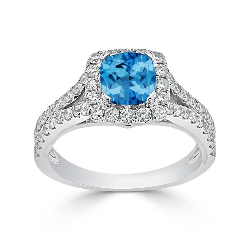 Auriya 9/10ct Cushion-cut Swiss Blue Topaz Halo Diamond Engagement Ring 5/8ctw 14k Gold