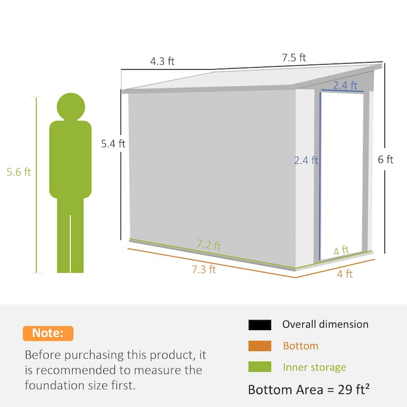 Outsunny 4' x 8' Metal Outdoor Storage Shed, Lean to Storage Shed, Garden Tool Storage House with Lockable Door and 2 Air Vents