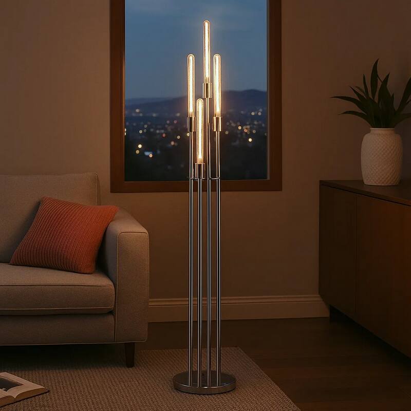 59 Inch Floor Lamp, 4 LED Lights, Metal Round Base, Glossy Nickel Finish