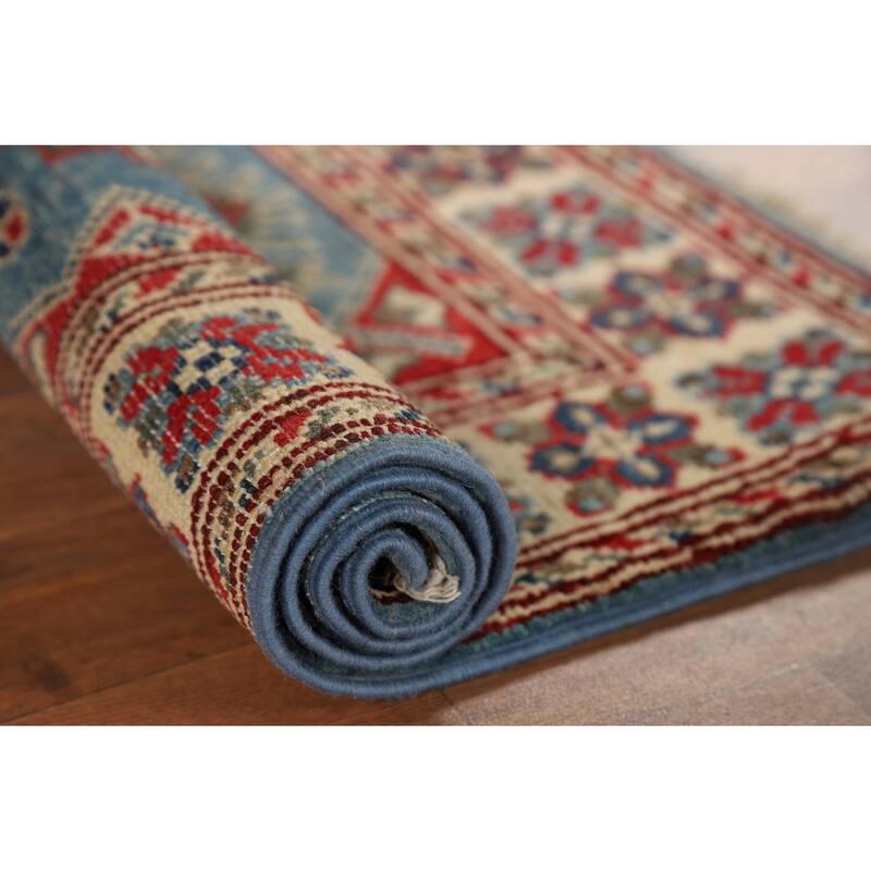 Blue Kazak Accent Rug Handmade Geometric Wool Carpet - 2'0" x 3'0"