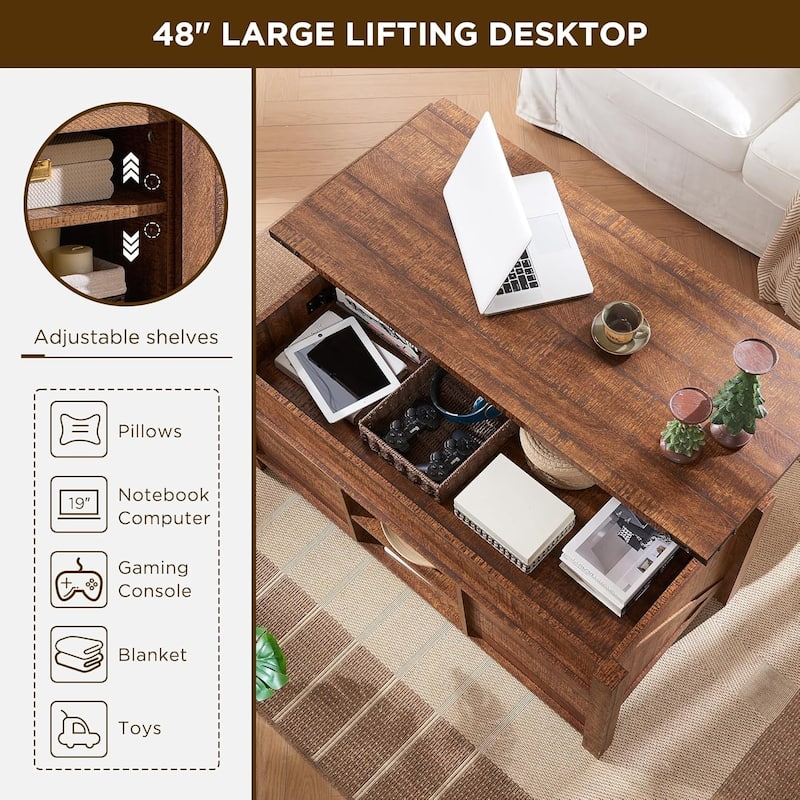 Farmhouse Lift Top Coffee Table, Rustic Wood Center Table