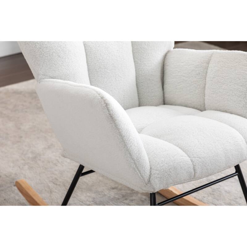 Teddy Fabric Upholstered Glider Rocker, Reading Chair with Thick Padded Seat, High Backrest Armchair with Wooden Legs