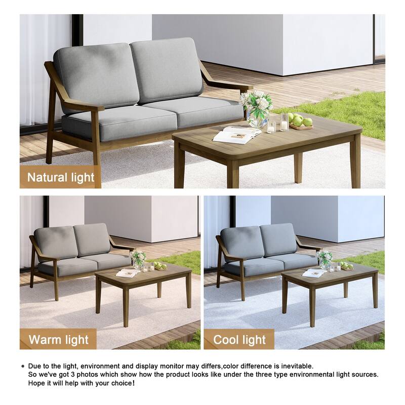 Outdoor Wood Teak Cushioned Patio 2 Seater Loveseat with Coffee Table