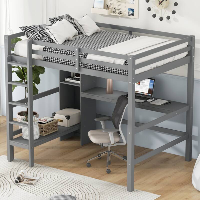 Full Size Loft Bed with Built in Desk, Multifunction Shelves, and Sturdy Frame