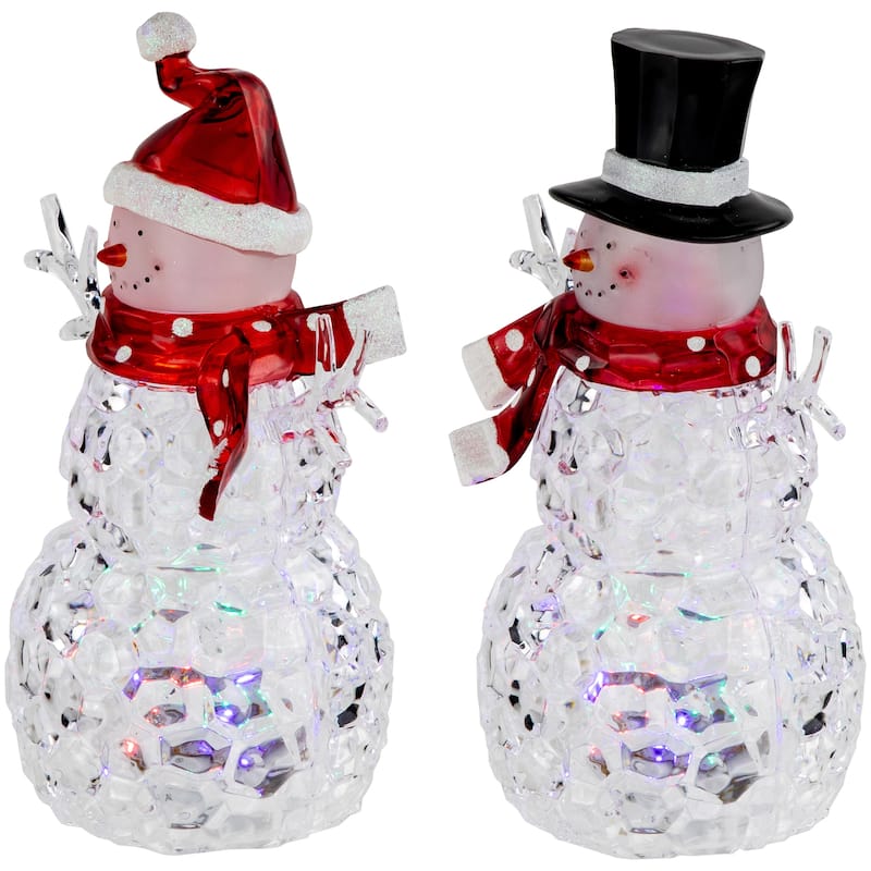 Lighted Acrylic Snowmen Christmas Decorations - 9" - LED Multicolor Lights - Set of 2
