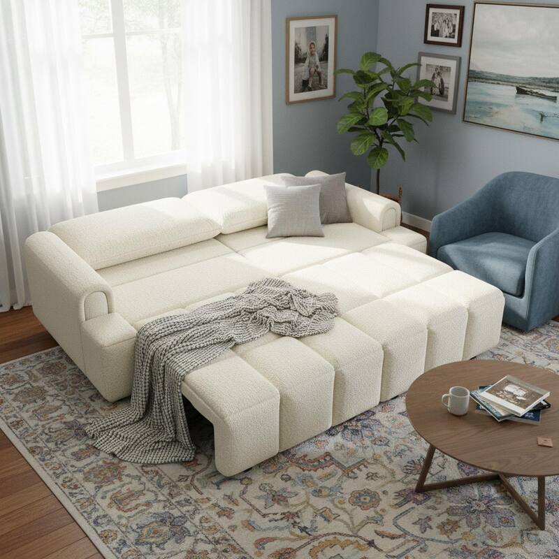 Homy Casa 90" 4-Seater Teddy Fabric Sofa with Hidden Seat Storage, 3-in-1 Convertible Sleeper Couch, Beige/Grey/Black