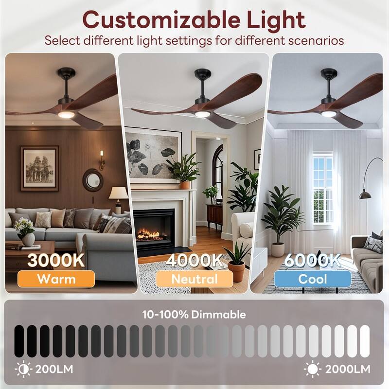 Indoor/Outdoor Ceiling Fan with Remote Control, 3-Blades Solid Wood Ceiling Fan for Bedroom Living Room