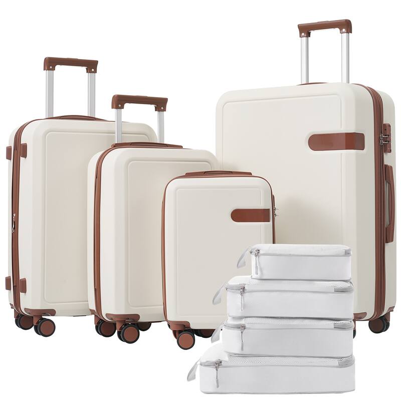 TSA-Approved Spinner Luggage Set with Packing Cubes - Expandable, Durable ABS Material, 16", 20", 24", 28" Travel Suitcases - Brown+White