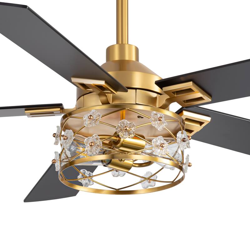 52" Reversible 5-Blade Farmhouse Glam Floral Glass Caged Ceiling Fan with Light and Remote