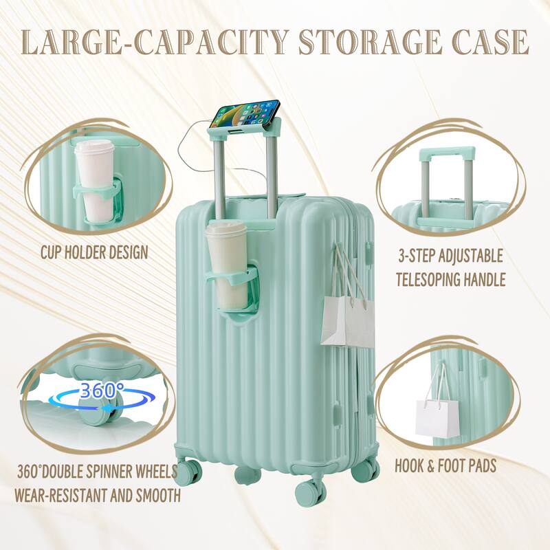 Carry on Hardshell 3 Piece ABS Luggage Set with Cup Holder & USB Port & Phone Holder
