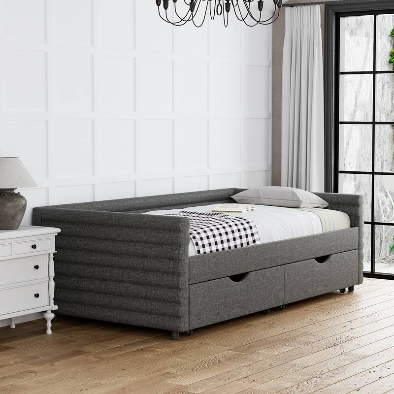Ouyessir Modern Upholstered Tufted Daybed with Trundle & Drawers