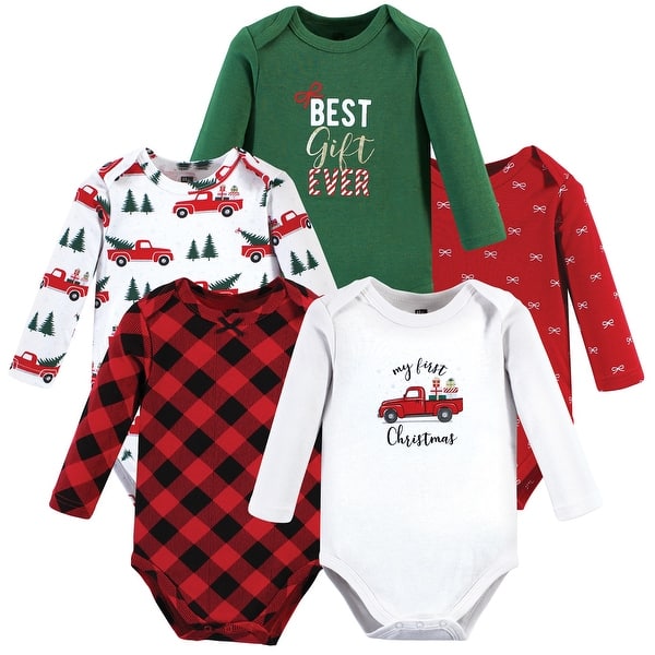 slide 1 of 1, Hudson Baby Infant Girl Cotton Long-Sleeve Bodysuits, Christmas Gift 0-3 Months - Christmas Gift 5-Pack