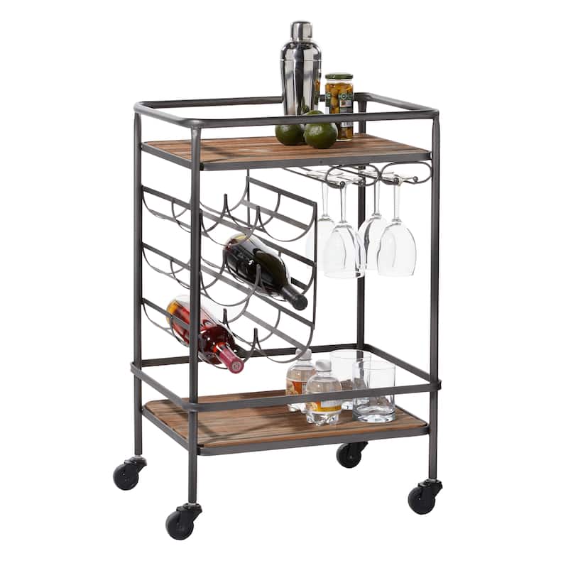 Wood Rolling 2 Shelves Bar Cart - Brown - Roche River Decor - 15"W x 20"L x 30"H