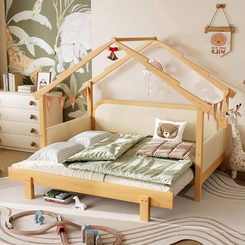 Twin Size Wooden Treehouse Bed with Soft Cushion Rails