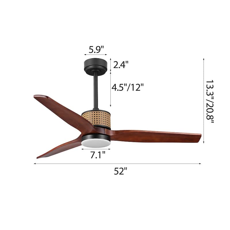 MLiAN 52 In. 3 Solid Wood Indoor Ceiling Fan with Light Kit - 52"