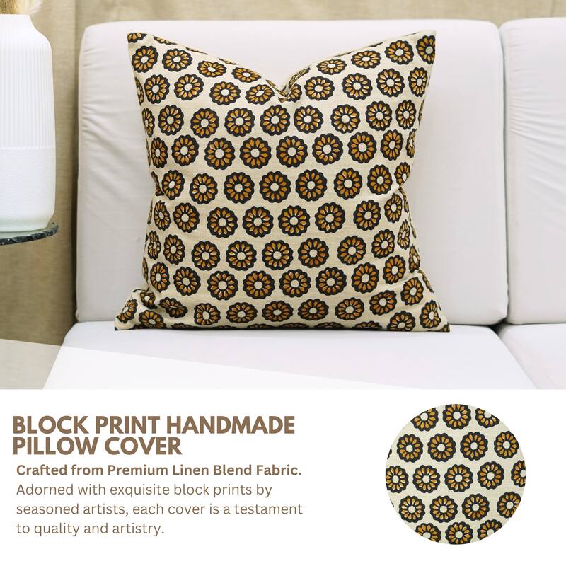 Fabdivine Handcrafted Floral Mustard Cushion Cover for Boho Sofa, Farmhouse Bed or Chair 14x36 Inch Linen Blend, Bulbul