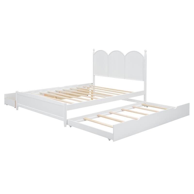 Queen Size Platform Bed with Curved Headboard, 2 Large Side Drawers & Twin XL Pull-Out Trundle Bed
