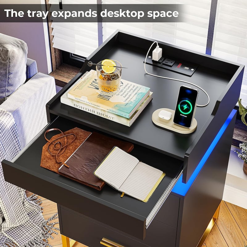 3 Drawers LED Nightstand Charging Station End Table