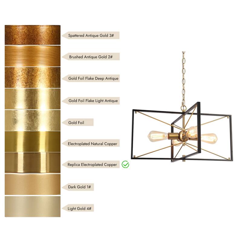 Modern 4-Light Black Gold Chandelier Square Pendant Light for Dining Room - 23.5" L x 22.5" W x 13" H